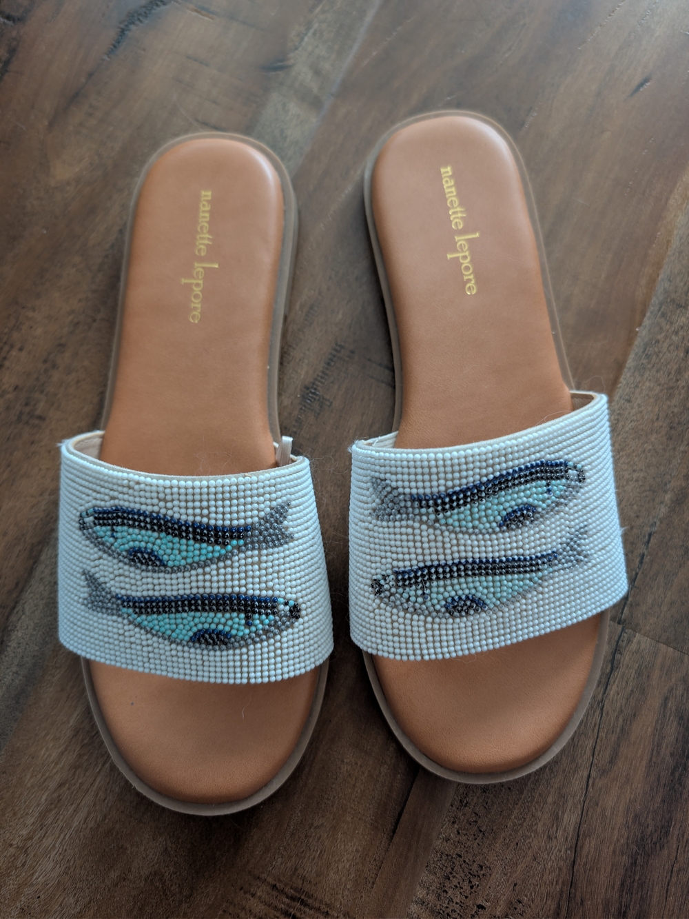 Nanette Lepore Beaded Fish Slide Sandals in White and Tan